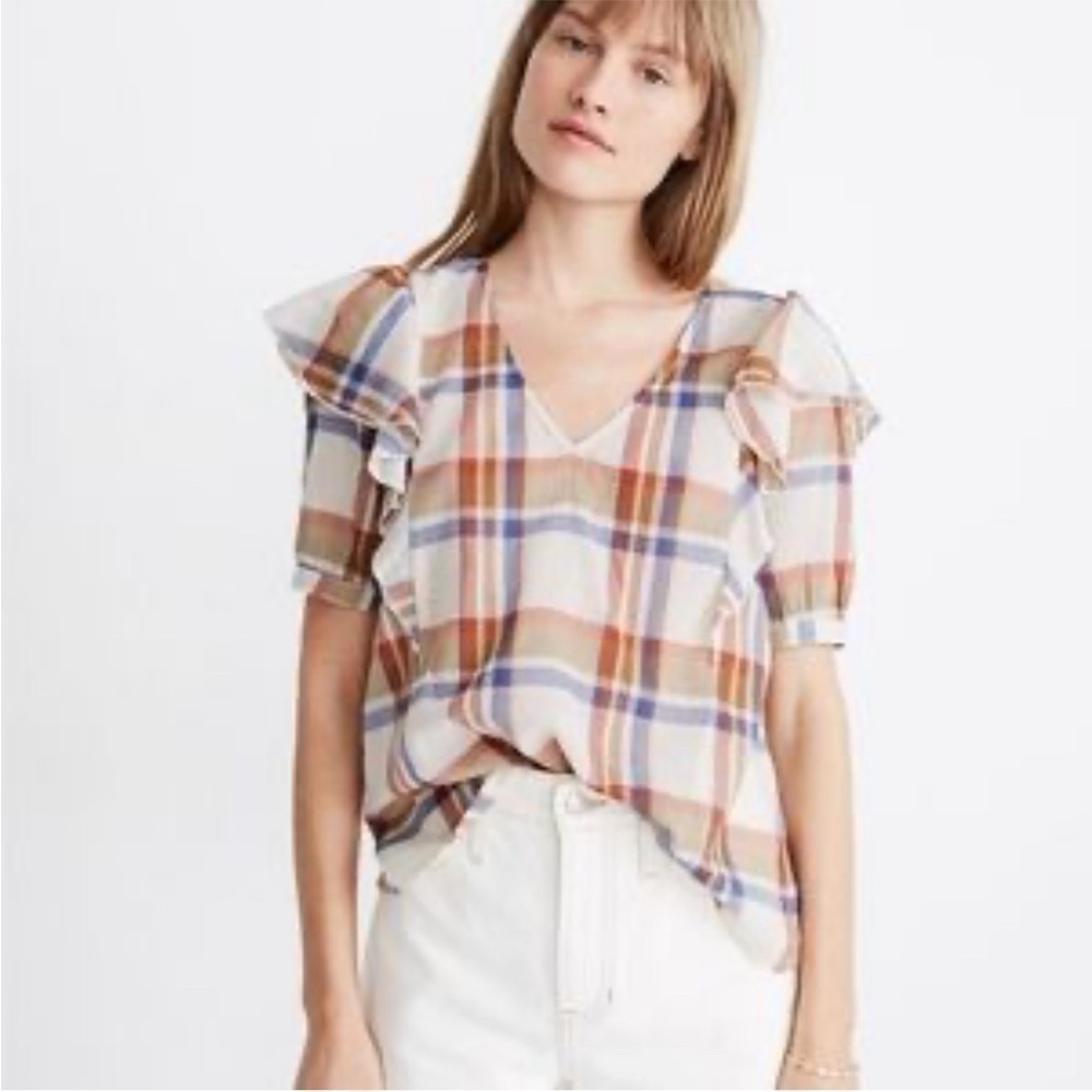 Madewell v-neck shoulder ruffle plaid top